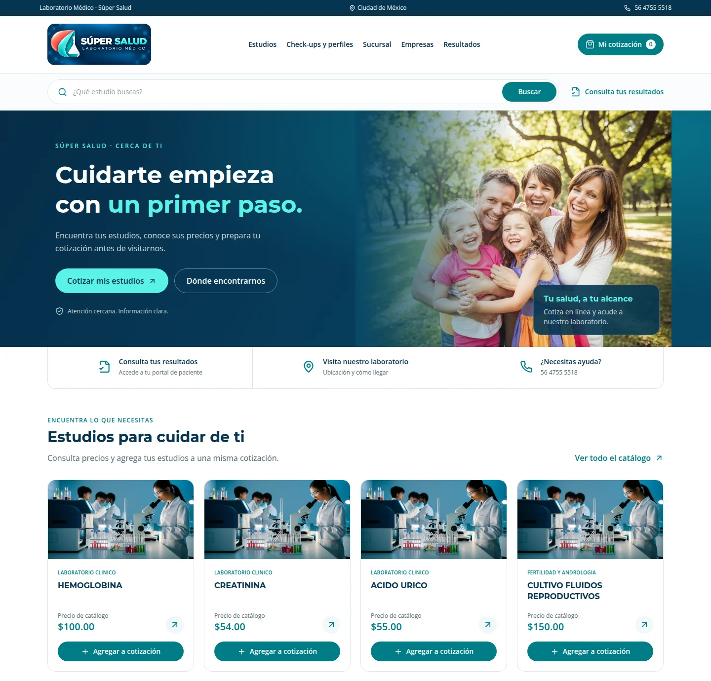 Captura real del website Súper Salud: buscador, catálogo de estudios con precios y cotización en línea